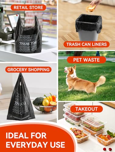 UMT Plastar 500 Count Thank You Bags, 12 x 6 x 22 in, Black Grocery Bags
