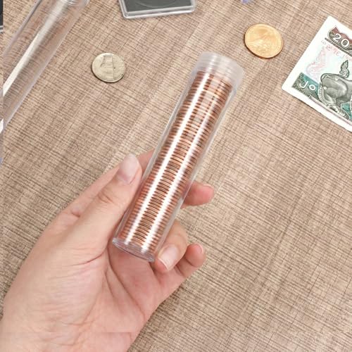 40 Pcs Coin Storage Tube, Plastic Round Clear Penny Coin Tube with Screw Lid, Penny Coins Holder Container Organizer for Coins Collection Supplies Bank Rolls