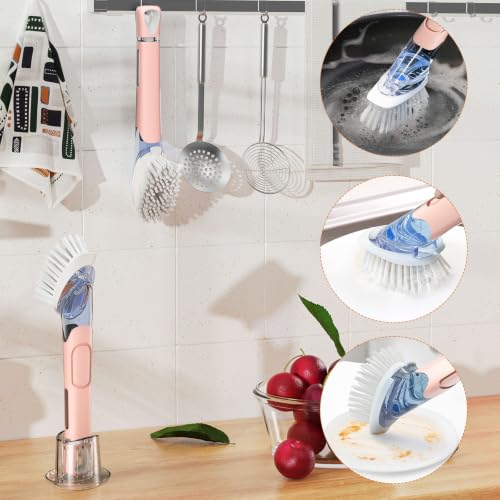 RIMAY Soap Dispensing Dish Brush Set with 2 Brush Refills and Holder - color: Pink
