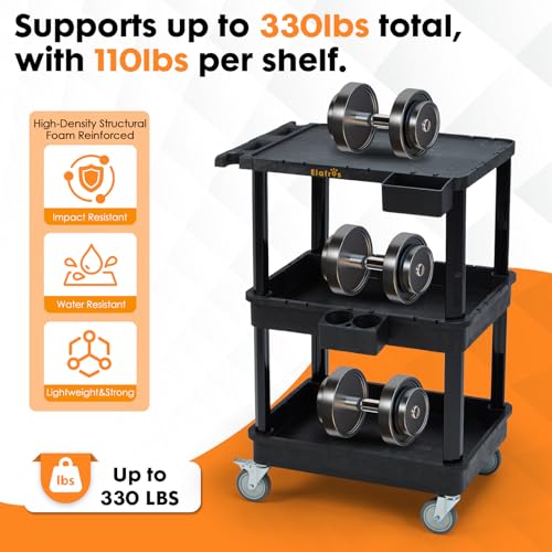 ELAFROS 3-Tier Flat Top & Deep Tub Rolling Utility Cart, 27.5 x 18.25 in