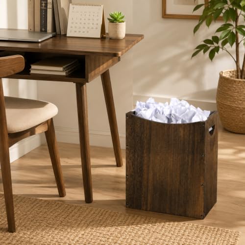 Vrisa Wood Trash Can 5.3 Gallon Office Wastebasket Farmhouse Rectangular Garbage Can with Built-in Handles Small Trash Can for Bedroom Office Kitchen Bathroom Under Desk Large Storage