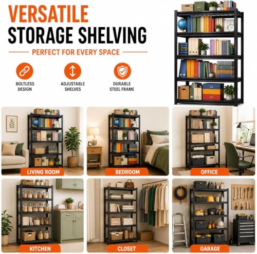 Metal Bookshelf, 5-Tier Heavy-Duty Steel Bookcase With Wood Shelves - size: Wooden-5-Tier-63''H*28''W*12''D