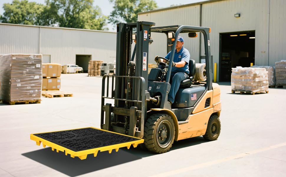 Spill Containment Platform with Drain, 51x51x6in, Anti-Slip Plastic, Leakproof Detachable, 4 Drum Capacity, Yellow for Industrial Use - size: 51x51x6in
