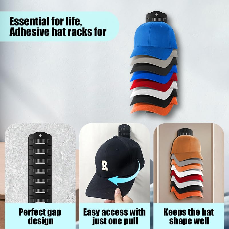 Hat Stand for Baseball Caps Hat Organizer for Baseball Caps ,Hold up to 20 Hats ,hat stand wall mounted Strong Adhesive Hat Hanger ,Hat Racks (Black-2pcs) - color: Black-2Pcs
