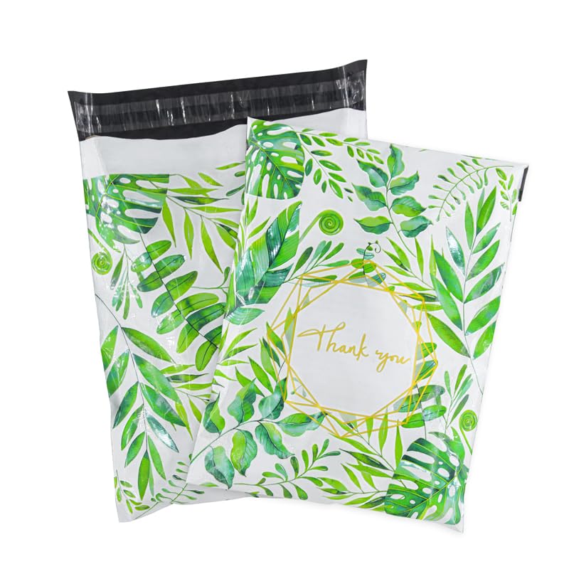 50x Poly Mailers 10x13 Inch Mailing Bags Colorful Thank You Designs with Self Seal Tear & Waterproof Shipping Envelopes for Packaging, Small Business & E-Commerce (Tropical Leaves Thank You) - color: Tropical Leaves Thank You