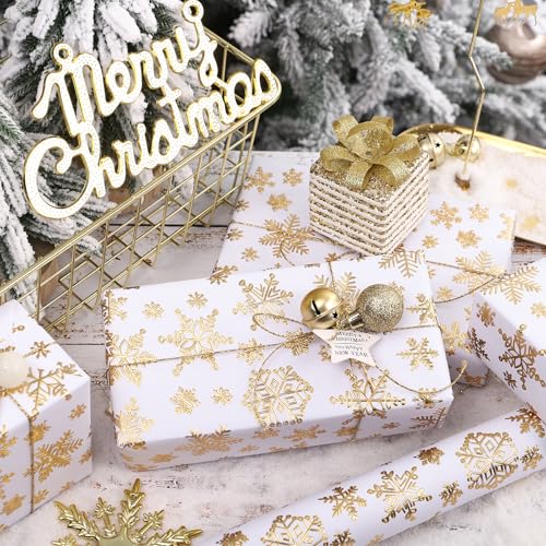 WRAPAHOLIC 30 Inch 3D Kraft Christmas Wrapping Paper - 30 Inch x 16.5 Feet - Gold and White Snowflake Wrapping Paper with Embossed Perfect for Christmas, Holiday, Party Celebration - color: Christmas Snowflakes - White & Gold, size: 30 inch x 16.5 feet