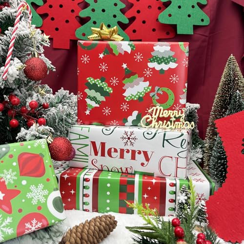 Dtiafu Christmas Wrapping Paper Sheet for Boys Girls Kids - Red Green Xmas Designs with Candy Cane,Snowflake,Tree Patterns for Holiday - 20 x 28 Inch Per Sheet (8 Sheet Recycled) - color: Christmas -3
