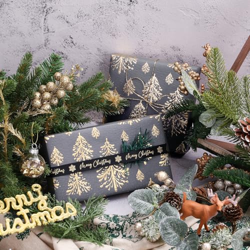 WRAPAHOLIC 3D Kraft Christmas Wrapping Paper Roll - Mini Roll - 17 Inch x 16.5 Feet - Gold and Dark Grey Christmas Tree Wrapping Paper with Embossed Perfect for Holiday, Party Celebration - color: Christmas Tree - Dark Grey & Gold, size: 17 inch x 16.5 fe