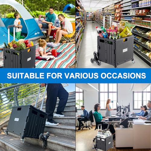 MACOPRO Foldable Utility Cart with Stair Climbing Wheels, Collapsible Rolling Crate with Telescoping Handle, Folding Shopping Trolley Handcart Grocery Book File Tool Teacher Storage Basket (Black) - color: Black