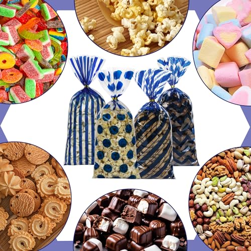 50PCS Patriotic Cellophane Treat Bags – 5 x 11 Inch Navy Blue Clear Goodie Bags with 60 Gold Twist Ties, Striped Polka Dot Chevron Candy Cookie Gift Bags for 4th of July, Graduation, Party Favors - color: Navy Blue 50pcs