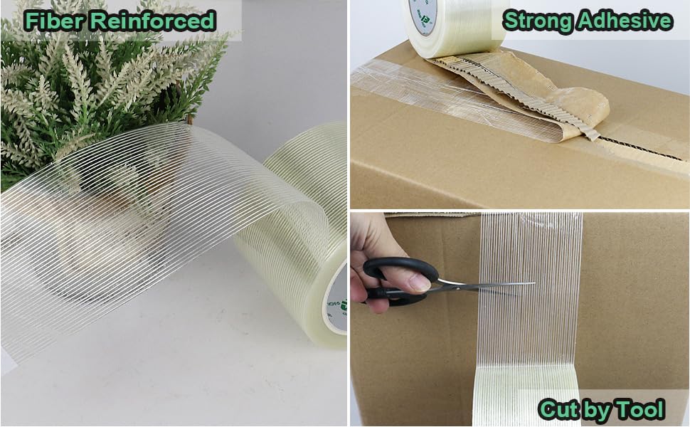 BOMEI PACK Mono Filament Strapping Tape, 4 inches×25yds, 5.5mils Reinforced Strapping Fiberglass Packing, Clear Filament Heavy Duty Wearproof Tape - size: 100mm