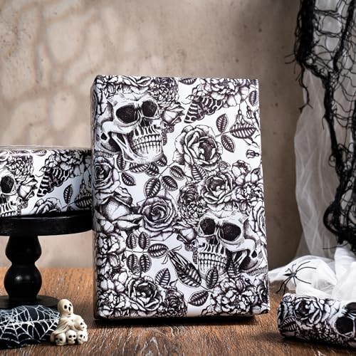 WRAPAHOLIC Halloween Wrapping Paper Roll - Mini Roll - 17 Inch x 16.5 Feet - Black and White Gothic Roses Floral Moth Skull Wrapping Paper for Halloween, Birthday, Holiday, Party - color: Skull & Floral - Balck and White