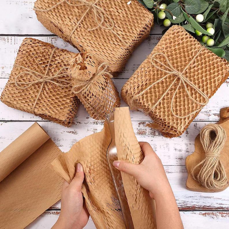 Honeycomb Packing Paper, 15"x300' Eco Friendly Packing Materials for Shipping Breakable Recyclable Moving Supplies Paper Bubble Wrap Sheets Roll with 20 Fragile Sticker Labels - size: 15"x300'
