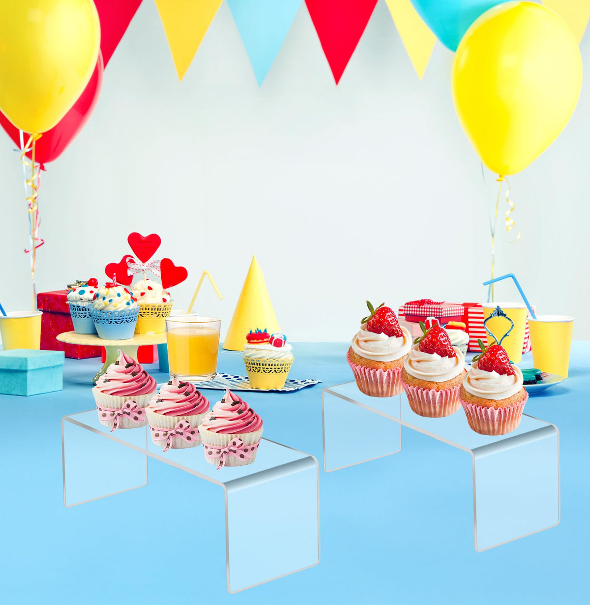 Jusalpha 2 PC Clear Acrylic Risers, Acrylic Display Risers Shelf Showcase Fixtures for Jewelry, Display Stand for Amiibo Funko POP Figures, Cupcakes, Food Display, Cabinet- (8''x 4''x 4.5'', 2 sets) - size: 8''x 4''x 4.5''