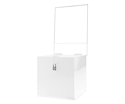 Acrylic Donation Box with Lock and Sign Holder White Acrylic Ballot Collection Bin 8" Locking Suggestion Fundraising Bar School Voting Countertop Piggy Bank by Marketing Holders - size: 8.25"W x 8.25"D x 20.5"H