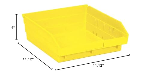 Quantum Storage QSB109 Heavy-Duty Nesting Plastic Shelf Bins for Pharmacy, Hospital & Warehouse, Hanging Lip & 7 Divider Slots, 12" x 12" x 4", Yellow, 8-Pack