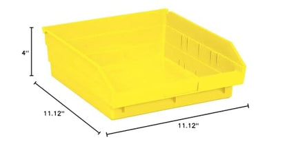 Quantum Storage QSB109 Heavy-Duty Nesting Plastic Shelf Bins for Pharmacy, Hospital & Warehouse, Hanging Lip & 7 Divider Slots, 12" x 12" x 4", Yellow, 8-Pack