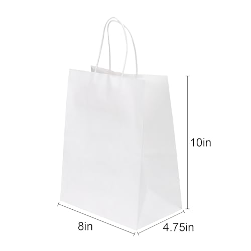 Joybe 200 Pack 8x4.75x10 Inch Medium White Kraft Paper Bags with Handles Bulk, Craft Paper Gift Bags for Party Favors Grocery Retail Shopping Business Goody Merchandise Take Out Blank Sacks (200pcs)