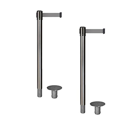 CCW Crowd Control Retractable Belt Barrier Stanchions, Set of 2, 11 Ft - color: Light Grey, size: Satin Stainless Steel