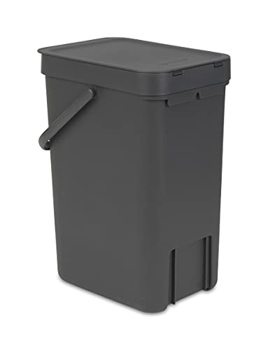 Brabantia Sort & Go Recycling Trash Can 3.2 Gallons (12L)(Gray), Space-Efficient Plastic Garbage Can with Handle, Removable and Stay-Open Lid, Easy to Clean Kitchen Bin Without Nooks and Rims