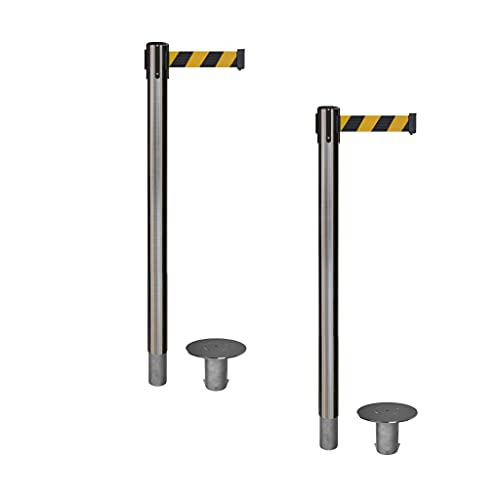 CCW Set of 2 Retractable Belt Barrier Stanchion, Removable Base, RRBB-100 (11 Foot Belt, Black and Yellow Diagonal with Satin Stainless Steel Post) - color: Black & Yellow Diagonal Stripes, size: Satin Stainless Steel