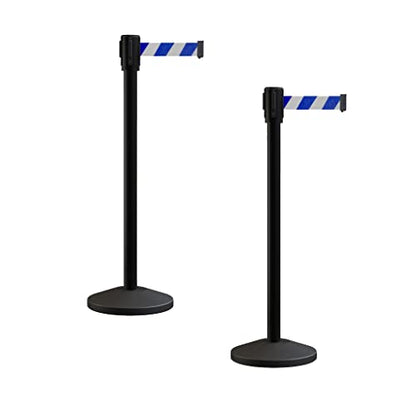 Montour Line M530 Set of 2 Retractable Belt Barrier Stanchion, Sloped Base, Black Powder Coated Post (7.5 ft Blue and White Diagonal Belt) - color: Blue and White Diagonal, size: 7.5 ft