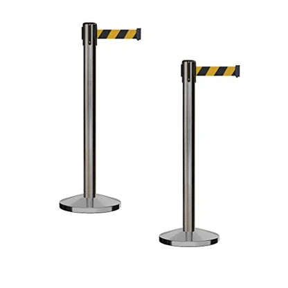 Montour Line M650 Set of 2 Retractable Belt Barrier Stanchion, Sloped Base, Satin Stainless Steel Post (14 ft Black and Yellow Diagonal Belt) - color: Black and yellow diagonal, size: Satin Stainless Steel