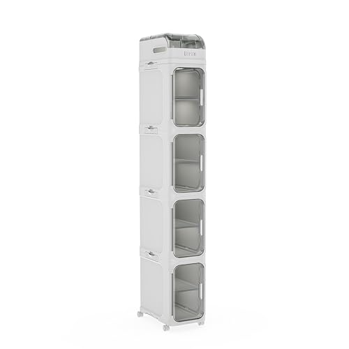 BINSIO 5-Tier Tall Narrow Storage Cabinet, Slim Rolling Storage Cabinet with Clear Doors, Adjustable Shelves, Foldable Organizer for Laundry Room, Kitchen Pantry, Utility Room and Small Spaces