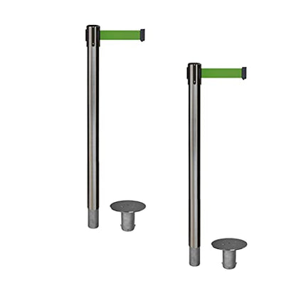 CCW Retractable Belt Barrier Stanchions, Set of 2, 11 Ft Belt, Green - color: Green, size: Satin Stainless Steel