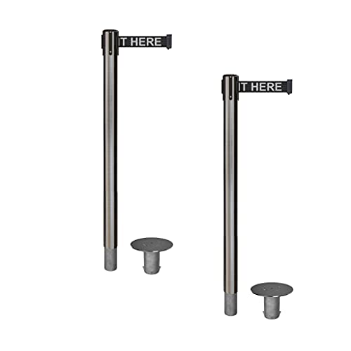 CCW Retractable Belt Barrier Stanchions, Set of 2, Removable Base, RRBB-100 - color: Black With "Please Wait Here" White Letters, size: Satin Stainless Steel