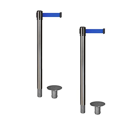 CCW Retractable Belt Barrier Stanchions Set of 2, 11 Ft Blue Belt RRBB-100 - color: Blue, size: Satin Stainless Steel