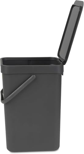 Brabantia Sort & Go Recycling Trash Can 3.2 Gallons (12L)(Gray), Space-Efficient Plastic Garbage Can with Handle, Removable and Stay-Open Lid, Easy to Clean Kitchen Bin Without Nooks and Rims