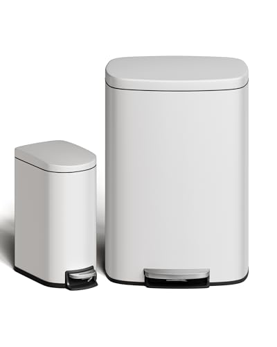 Garvee 13 gal (50 L) and 2.6 gal (10 L) Metal Trash Can Combo Set, Rustproof Garbage Can with Lid, Step-on Trash Bin with Inner Bucket, Rear Handle, White - color: White, size: 13.2 + 2.6 gal Combo Set