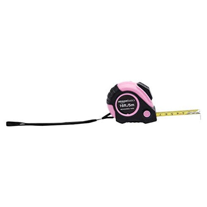 Amazon Basics Retractable Tape Measure with Metric and SAE Measurements, 16ft/5m, Belt Clip, Readable, Pink - color: Pink