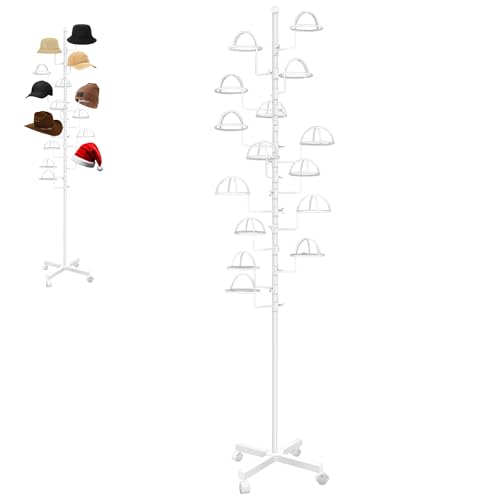 Montex Freestanding Hat Rack Stand, Wig Display Stand, Metal Hat Organizer Rack with 14 Customisable Circular Hooks, Hats Tree Stand Floor Standing Hat Display, White - color: White