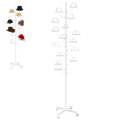 Montex Freestanding Hat Rack Stand, Wig Display Stand, Metal Hat Organizer Rack with 14 Customisable Circular Hooks, Hats Tree Stand Floor Standing Hat Display, White - color: White