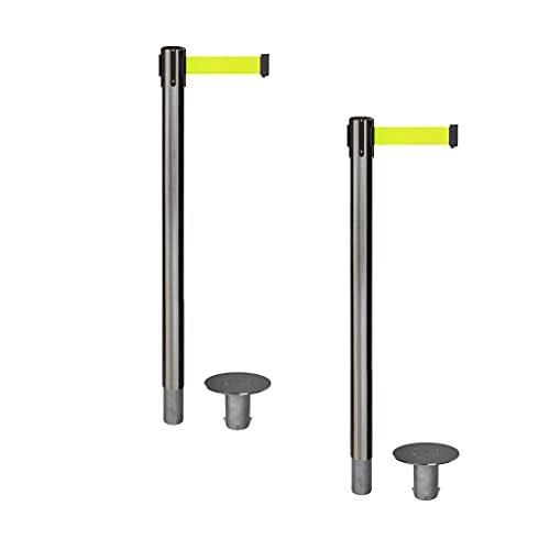 CCW Retractable Belt Barrier Stanchions, 2-Pack, Fixed Base, 11 Ft - color: Fluorescent Yellow, size: Satin Stainless Steel