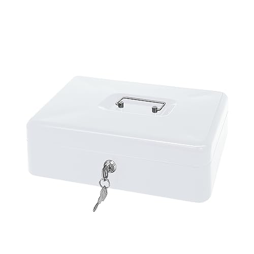 Steel Cash Box with Key Lock, Metal Small Money Organizer with Money Tray,Cash Storage Box with Lockable Cover (White- 11.8" x 9.4" x 3.5") - color: White- 11.8" x 9.4" x 3.5"