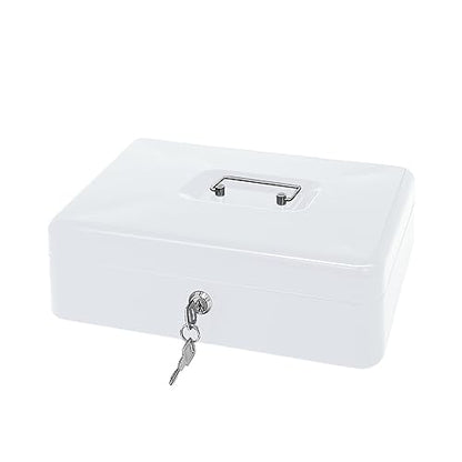 Steel Cash Box with Key Lock, Metal Small Money Organizer with Money Tray,Cash Storage Box with Lockable Cover (White- 11.8" x 9.4" x 3.5") - color: White- 11.8" x 9.4" x 3.5"