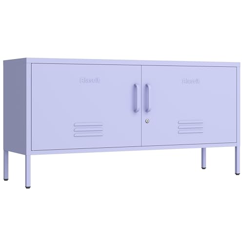 Purple Wide 2-Door Lockable Metal TV Stand with Storage Locker, Heavy Duty Multifunctional Entertainment Center with Adjustable Shelves, Storage Cabinet for Home, Bedroom, Entryway and Hallway - color: Lilac, style: TV stand-22"H-OL