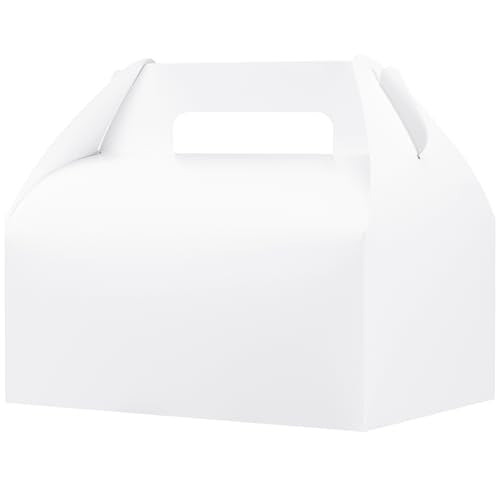 UnicoPak 30 Pack 9x6x6 Gable Boxes, Large White Treat Boxes with Handles, Cardboard Gift Boxes for Party Favors, Lunch, Bakery, Cookies, Picnic, To-Go Food, DIY Gift Packaging - color: White Gable Boxes