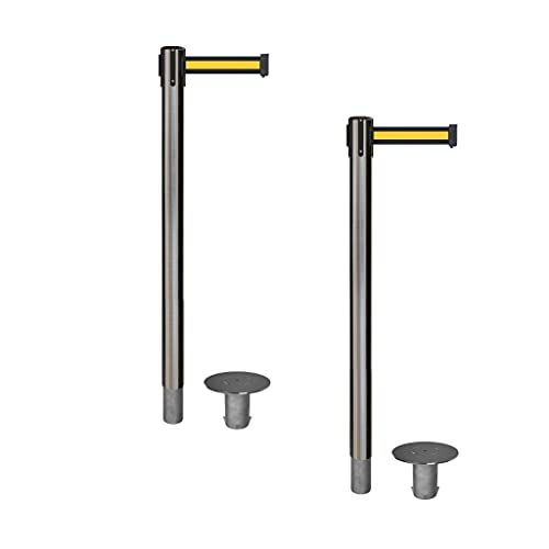 CCW 2-Pack Retractable Belt Barrier Stanchions, 11 Ft, Stainless Steel - color: Black With Yellow Horizontal Stripe, size: Satin Stainless Steel