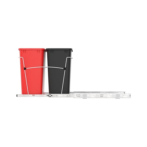 Rev-A-Shelf RV-18KD-1618C-S Double Pullout Trash Can for Kitchen Cabinets 35 Qt Garbage Recycling Bin on Full Extension Slides, Red/Black - color: Red & Black