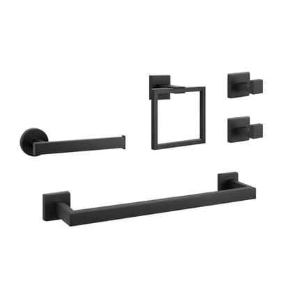 NearMoon 5 Pieces Bathroom Hardware Set 304 Stainless Steel - Square Towel Rack Set Include 16" Towel Rod + Towel Ring + Toilet Paper Holder + 2 Robe Towel Hooks Bathroom Accessories (Matte Black) - color: Matte Black, size: 16 inch