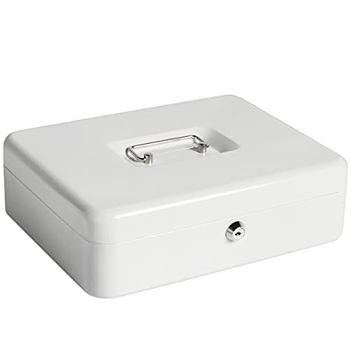 Cash Box with Money Tray and Key Lock, Parrency Large Money Box, 11 4/5" x 9 2/5" x 3 1/2", (XLarge with Key Lock White, XLarge) - color: White, size: XLarge（11.8")