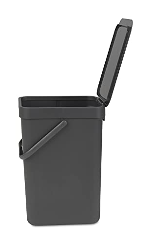 Brabantia Sort & Go Recycling Trash Can 3.2 Gallons (12L)(Gray), Space-Efficient Plastic Garbage Can with Handle, Removable and Stay-Open Lid, Easy to Clean Kitchen Bin Without Nooks and Rims