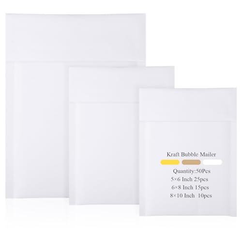50 Pcs Kraft Bubble Mailers 3 Size Padded Envelopes, White - color: White