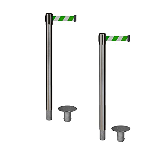 CCW 2-Pack 11-Ft Retractable Belt Barrier Stanchions, Removable Base - color: Green & White Diagonal Stripes, size: Satin Stainless Steel