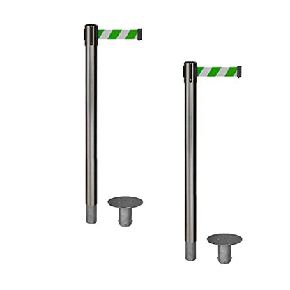CCW 2-Pack 11-Ft Retractable Belt Barrier Stanchions, Removable Base - color: Green & White Diagonal Stripes, size: Satin Stainless Steel