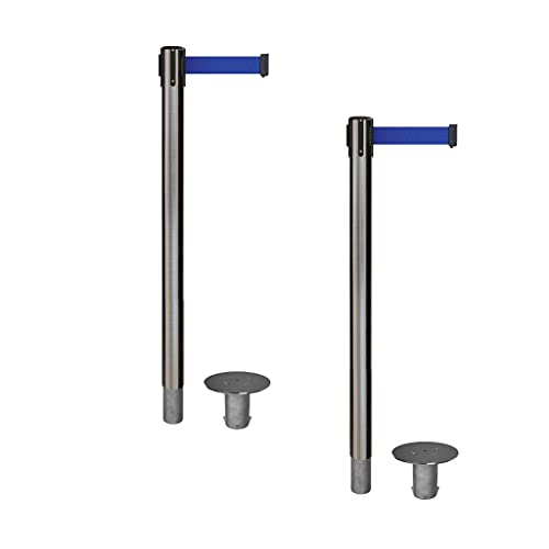 CCW Set of 2 Retractable Belt Barrier Stanchions, 11 Ft, Dark Blue - color: Dark Blue, size: Satin Stainless Steel
